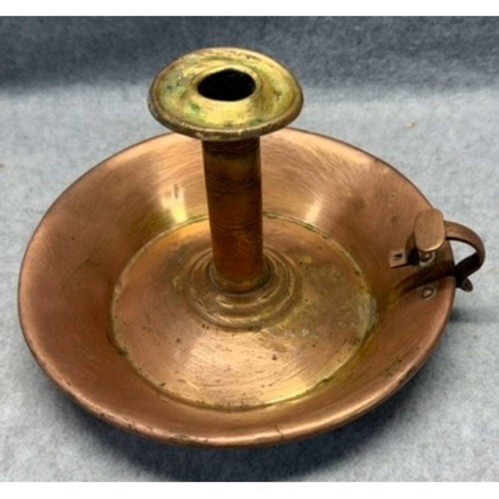 Antique Copper Chamberstick Candle Holder with Push Up Mechanism and Finger Loop - Picture 3 of 13